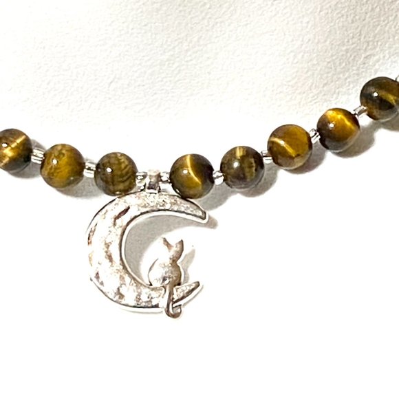 Tigers Eye Silver Cat on the Moon Necklace, Genuine Gemstone Beaded Necklace - Picture 3 of 10